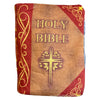 A brown fabric pouch with gold embroidery featuring the text HOLY BIBLE and a cross design.