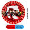 A set of seven disposable paper plates featuring various robot characters on a red and white striped background.