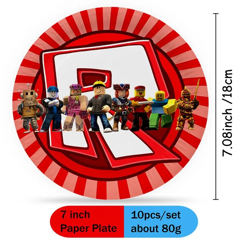 A set of seven disposable paper plates featuring various robot characters on a red and white striped background.