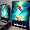 A poster featuring a vibrant, geometric design with blue and red accents, themed for Deltarune.