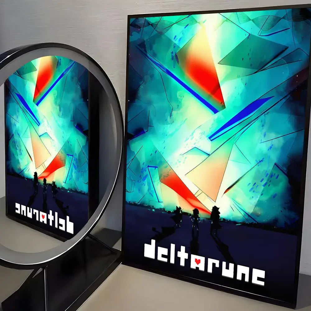 A poster featuring a vibrant, geometric design with blue and red accents, themed for Deltarune.