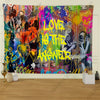 A vibrant tapestry featuring Banksy-inspired street graffiti art with themes of love and the answer.