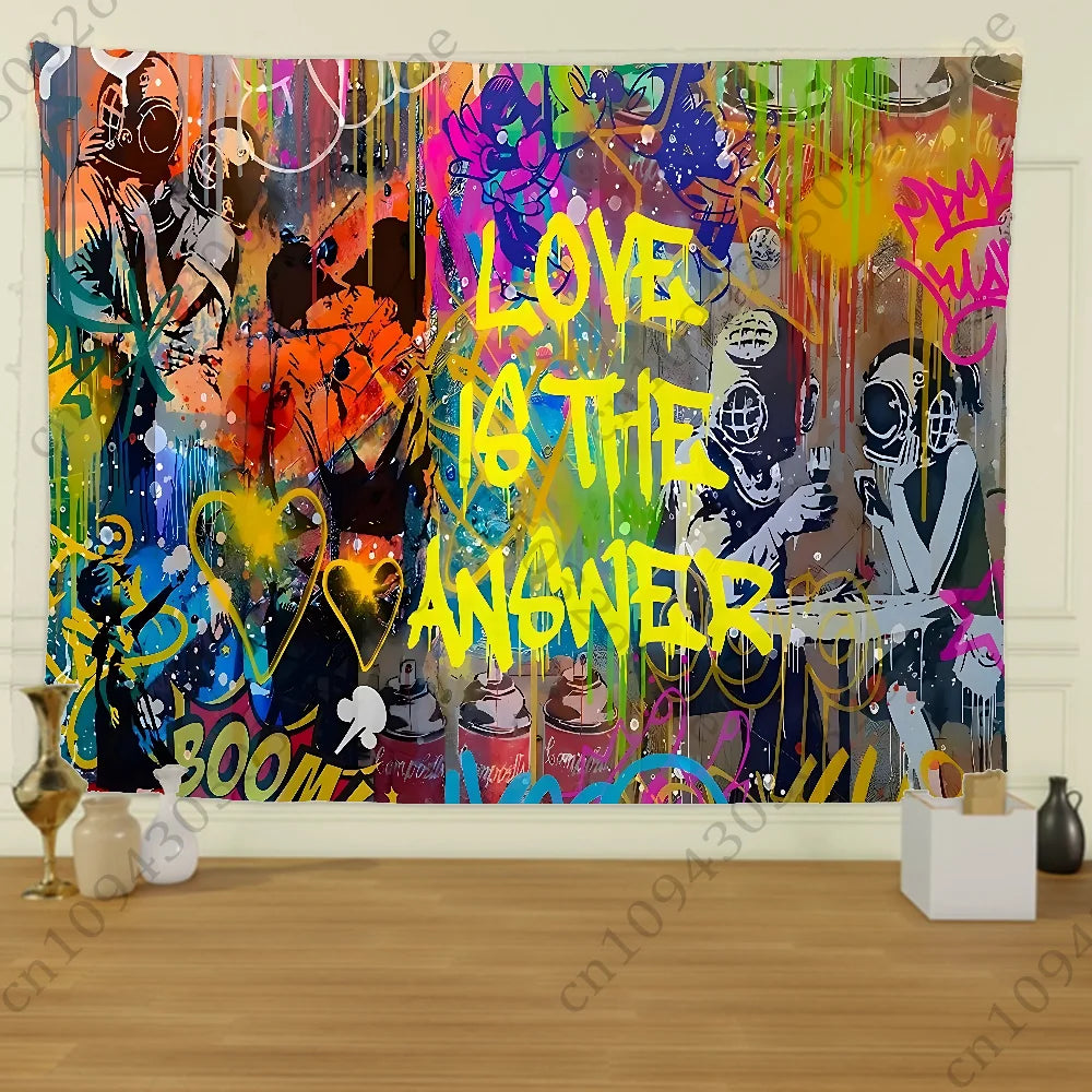 A vibrant tapestry featuring Banksy-inspired street graffiti art with themes of love and the answer.