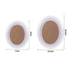 A round, oval picture frame with a light brown solid wood finish and white border.
