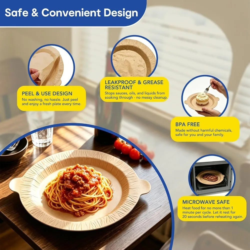 Disposable kraft paper plates shown with food, highlighting safe and convenient design features.