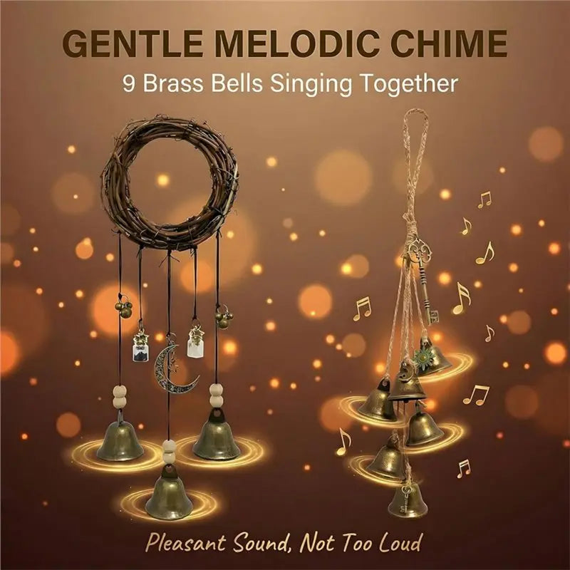 Nine brass bells singing together hanging from a wreath and strings