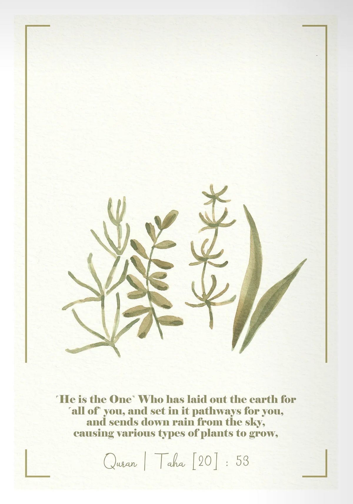A beige canvas print featuring green botanical illustrations and Arabic text from the Quran
