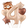 A set of foil balloons featuring a cute bear and the number four in caramel and gold colors.