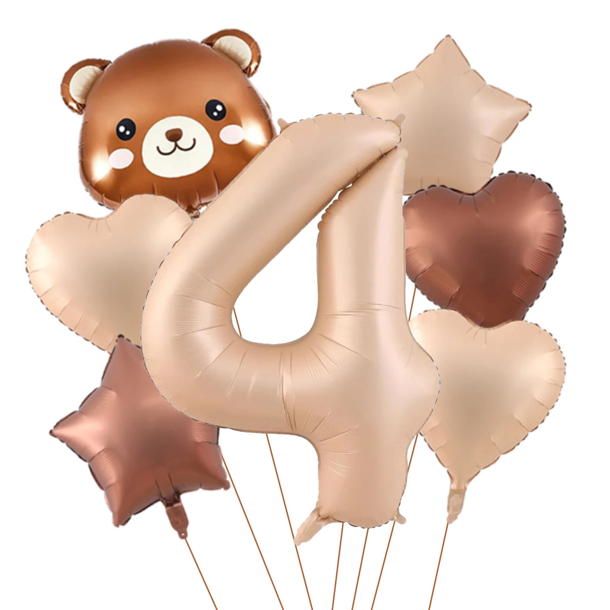 A set of foil balloons featuring a cute bear and the number four in caramel and gold colors.