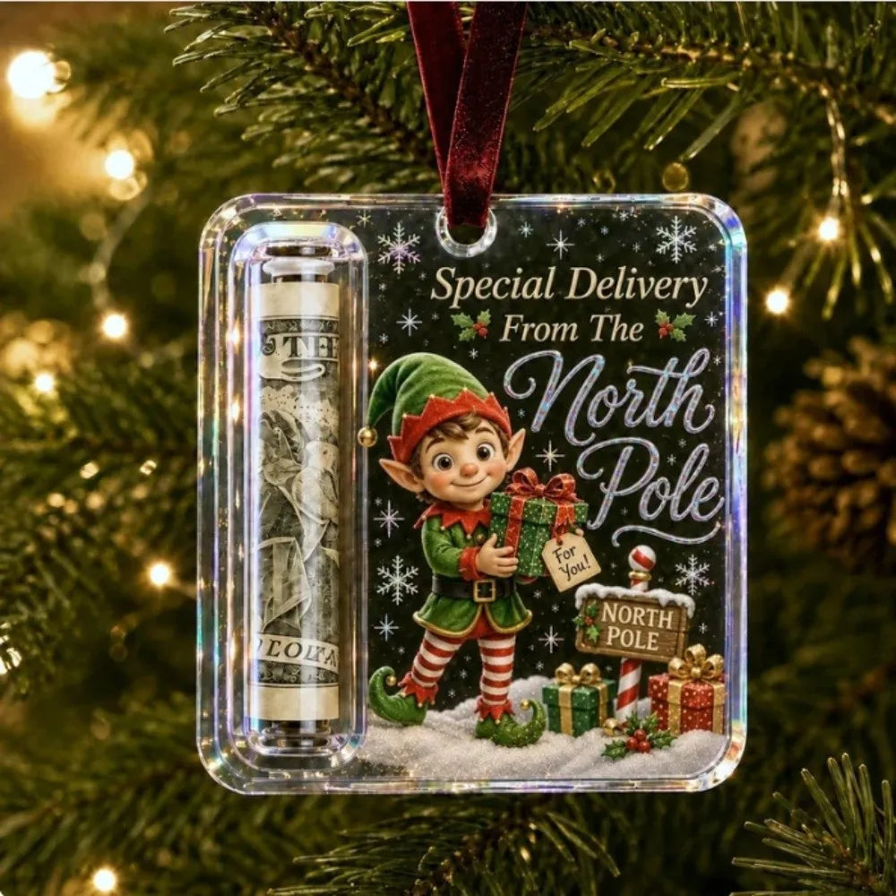 Acrylic Christmas cash gift ornament featuring a festive illustration of a child in a hat delivering gifts from the North Pol