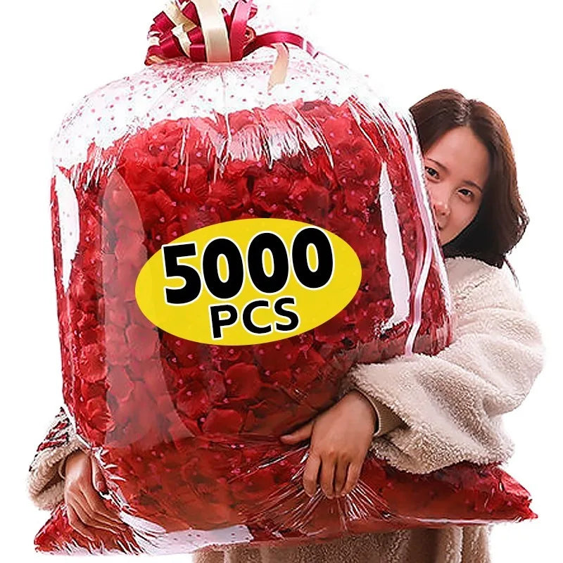 A woman holds a clear plastic bag filled with red silk rose petals for weddings and special events