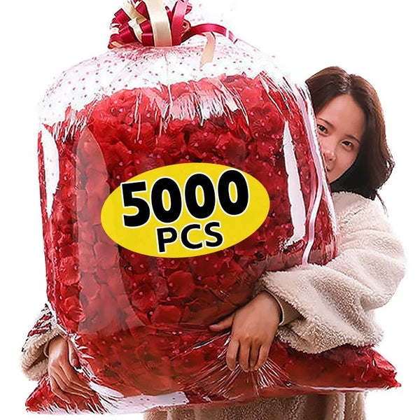 A woman holds a clear plastic bag filled with red silk rose petals for weddings and special events