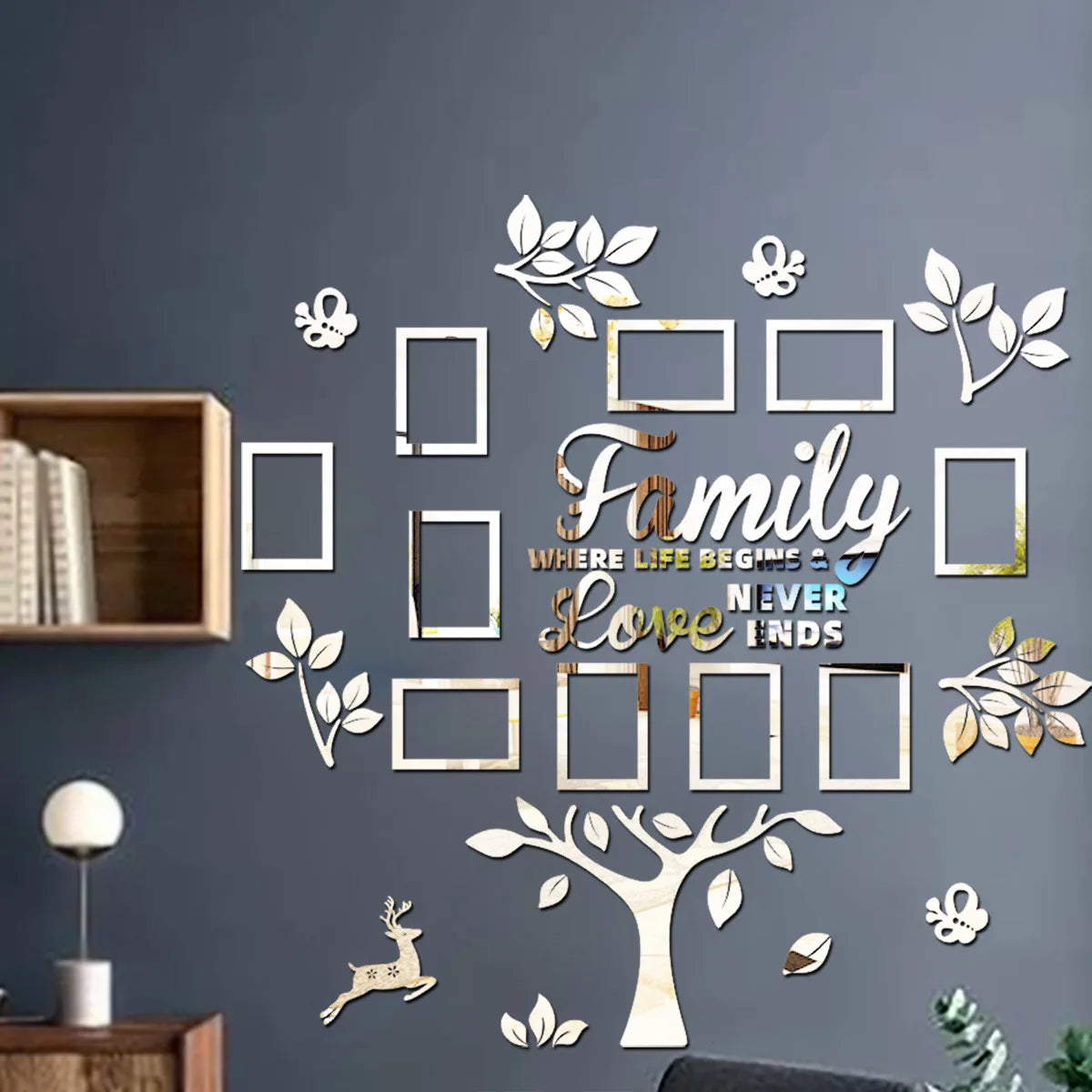A wall collage sticker featuring a family tree design with leaves and a tree silhouette on a gray wall.