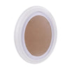 A white oval picture frame with a light brown, solid wood-colored insert.