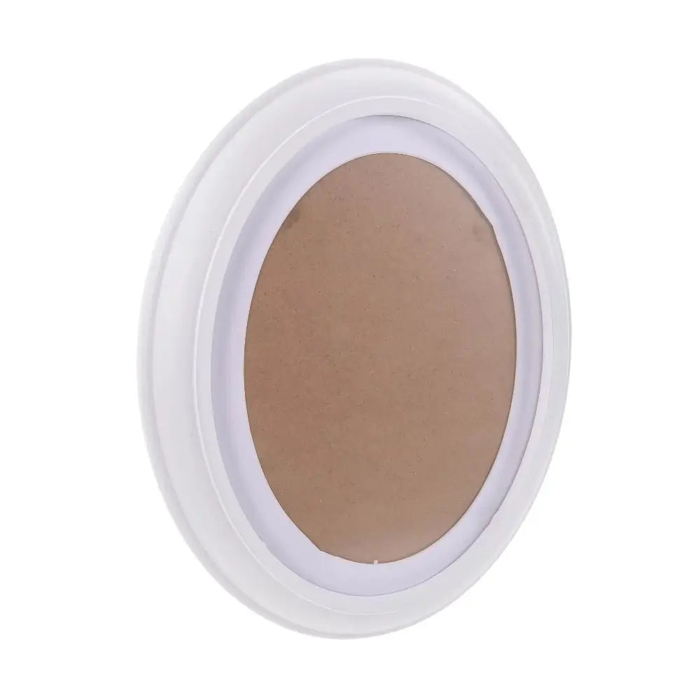A white oval picture frame with a light brown, solid wood-colored insert.
