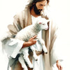 Watercolor painting of Jesus carrying a lamb.