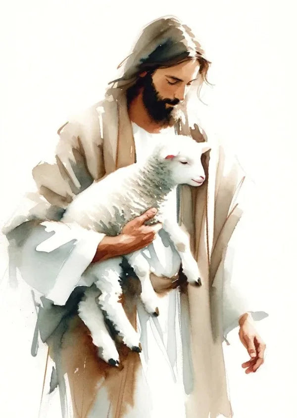 Watercolor painting of Jesus carrying a lamb.