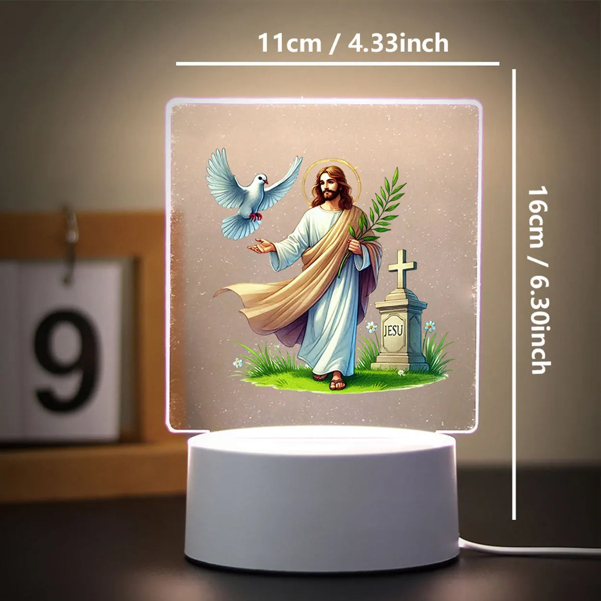 A 11cm LED night light featuring a painting of Jesus with a dove and palm branch on a square base.