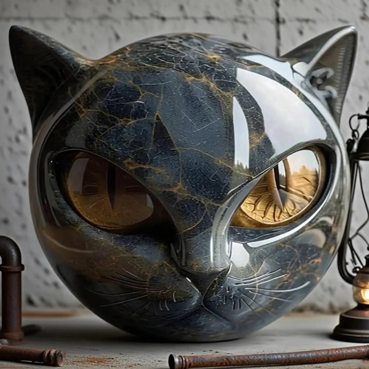 Black Cat Resin Figurine with Marble Texture