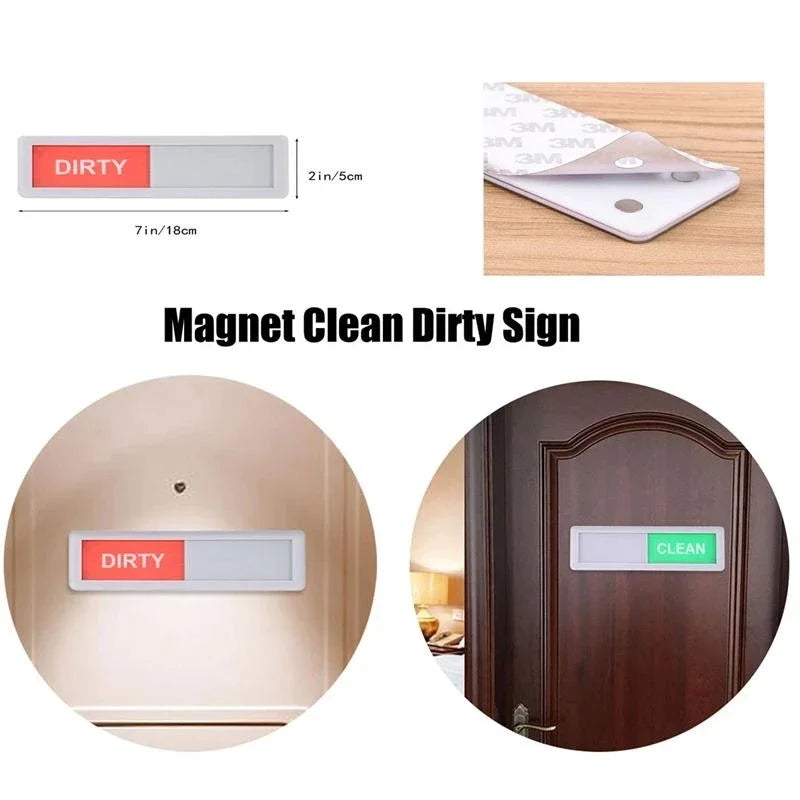 A magnet clean dirty sign showing a dirty label and a clean label on a wooden cabinet door.
