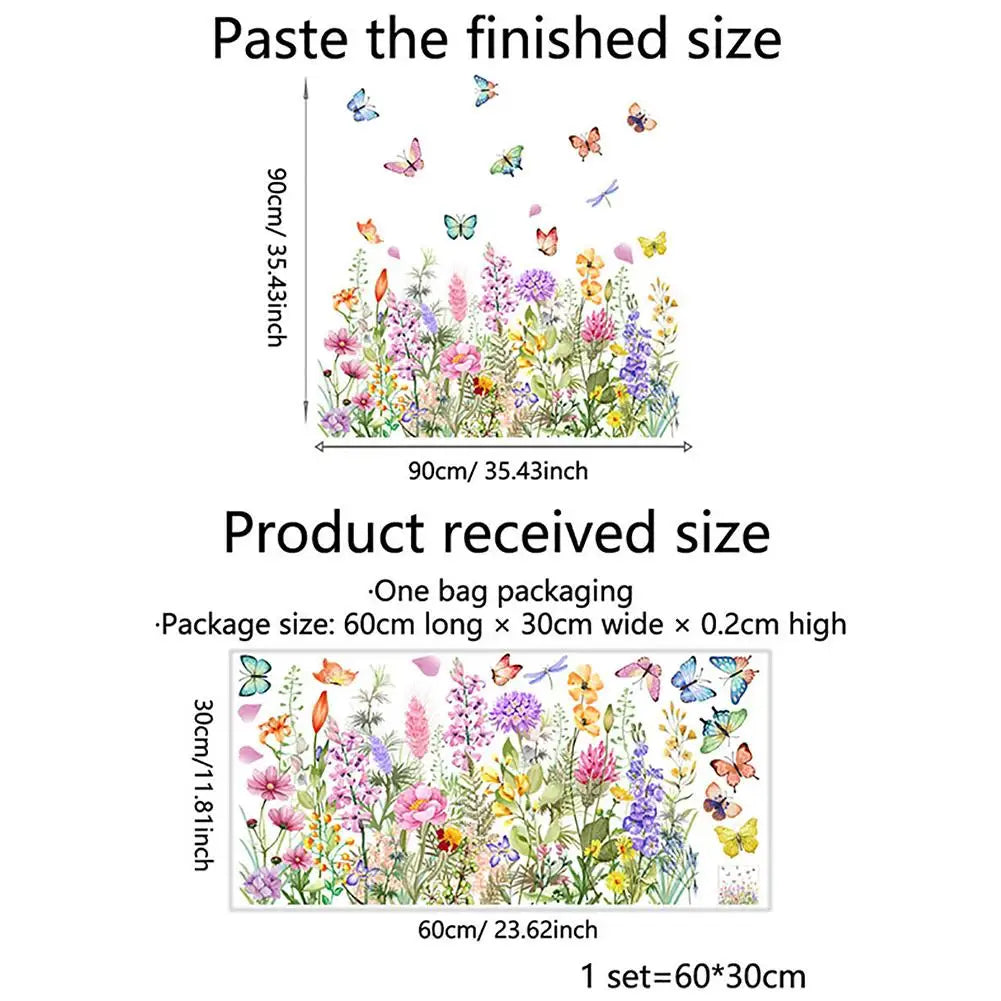 A comparison showing the finished size and received size of a reusable colorful butterfly and flower static cling window deca