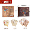 An 8 inch vintage DIY scrapbook photo album with aged paper inserts and a leather cover.