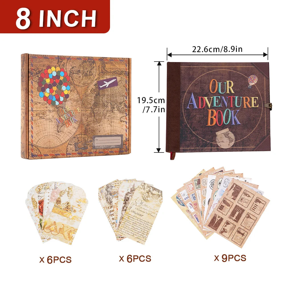 An 8 inch vintage DIY scrapbook photo album with aged paper inserts and a leather cover.