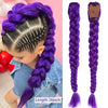 Purple braided ponytail hairpiece for kids shown on a child's head and as a separate long hair extension