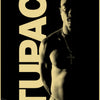 A black and white poster featuring a silhouette of Tupac with the text TUPAC vertically displayed.