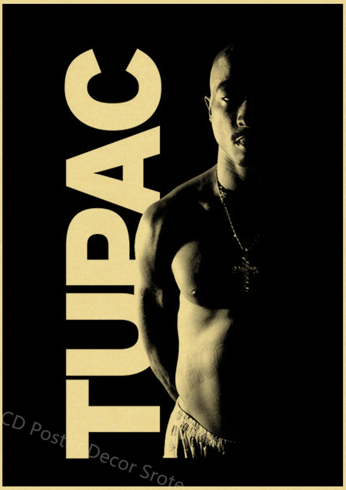 A black and white poster featuring a silhouette of Tupac with the text TUPAC vertically displayed.