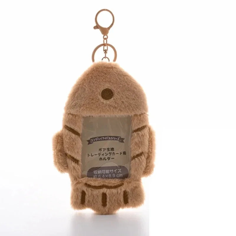 A light brown felt keychain featuring a rectangular holder for Kpop photocards.