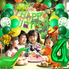 A colorful dinosaur party decoration kit featuring foil balloons, a banner, and a cake topper set against a green background.