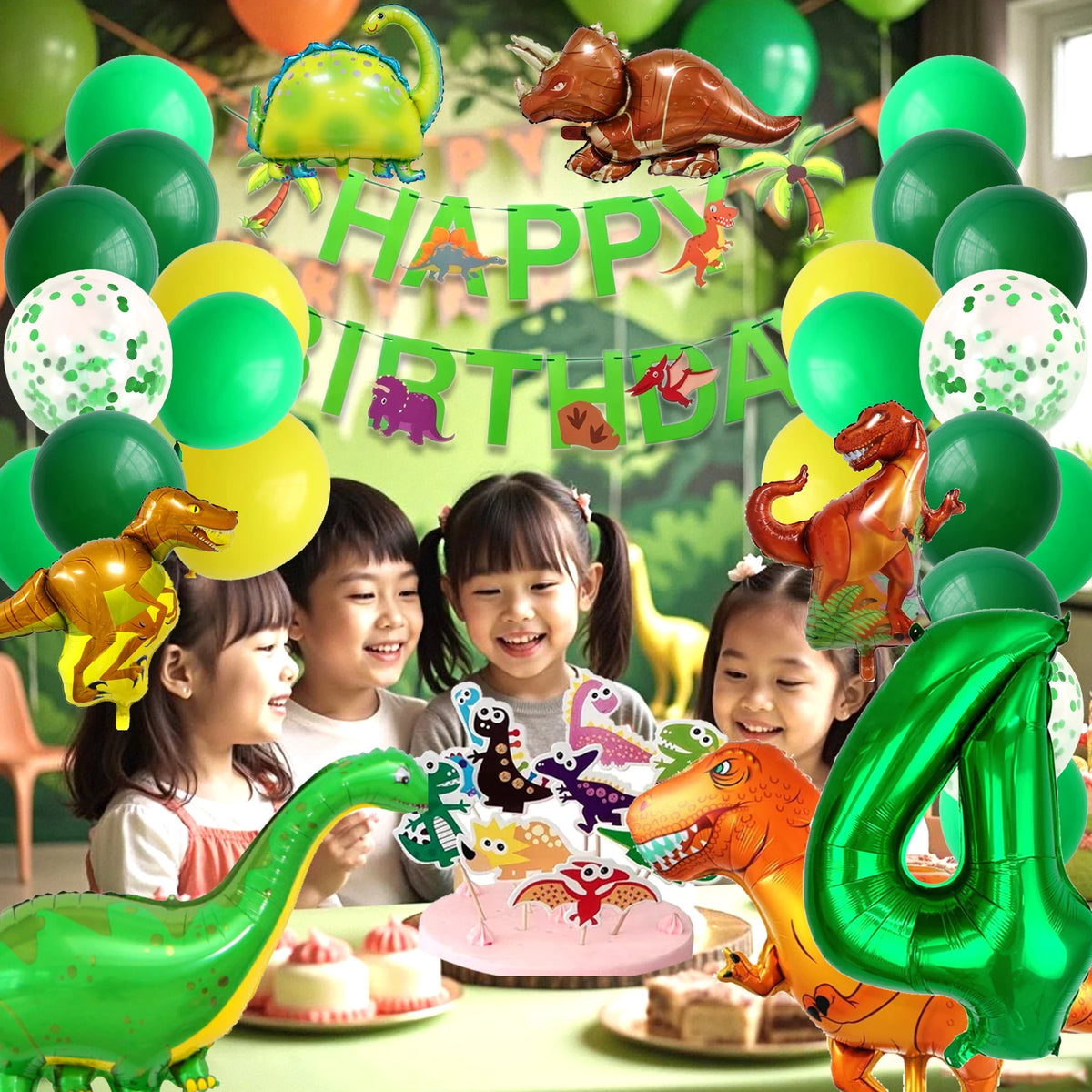 A colorful dinosaur party decoration kit featuring foil balloons, a banner, and a cake topper set against a green background.