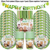 Jungle safari birthday party tableware set featuring green and yellow tropical designs for a wild one celebration