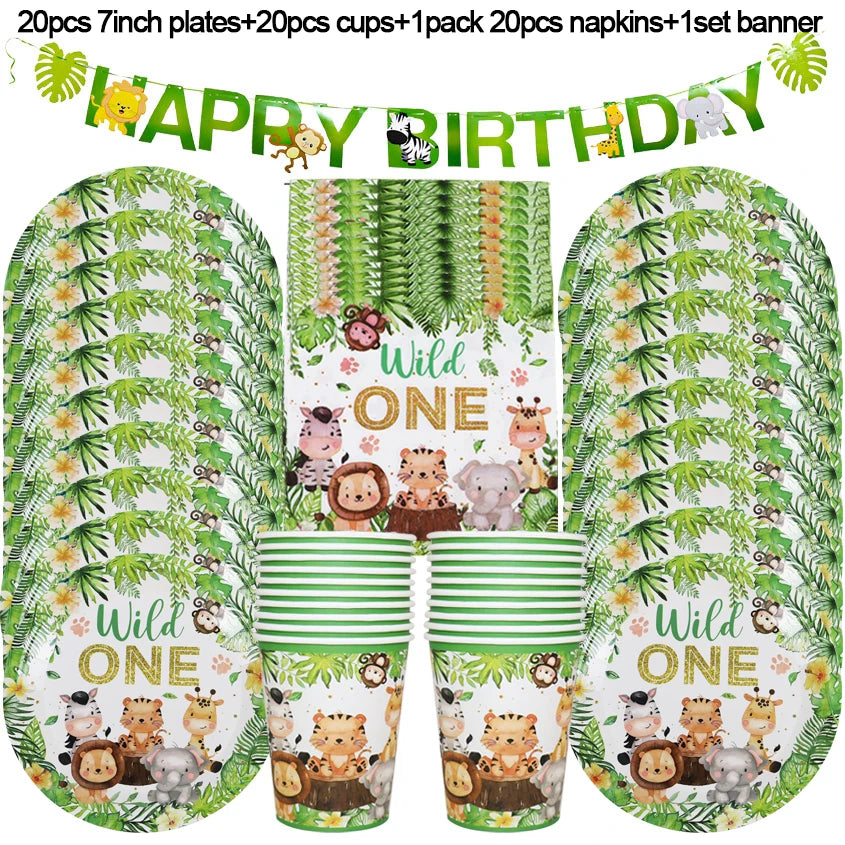 Jungle safari birthday party tableware set featuring green and yellow tropical designs for a wild one celebration