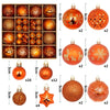 A collection of festive Christmas ball ornaments in various colors and designs including gold, copper, and orange.