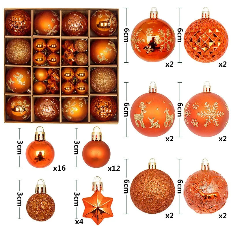 A collection of festive Christmas ball ornaments in various colors and designs including gold, copper, and orange.