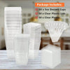A package of 50 clear plastic dessert cups, lids, and spoons is displayed on a wooden surface.