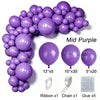 A purple latex balloon garland kit showing various sizes of balloons, ribbon, chain, and glue.