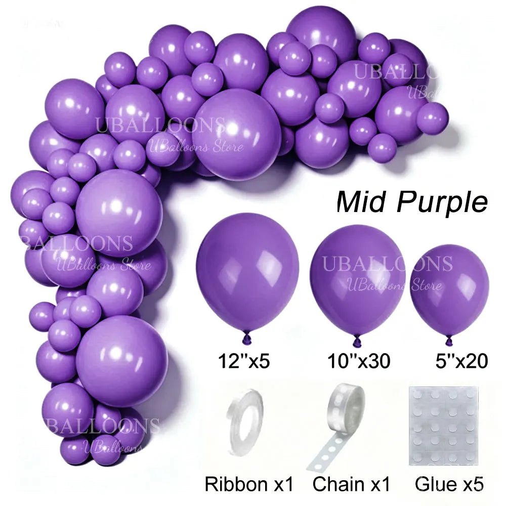 A purple latex balloon garland kit showing various sizes of balloons, ribbon, chain, and glue.