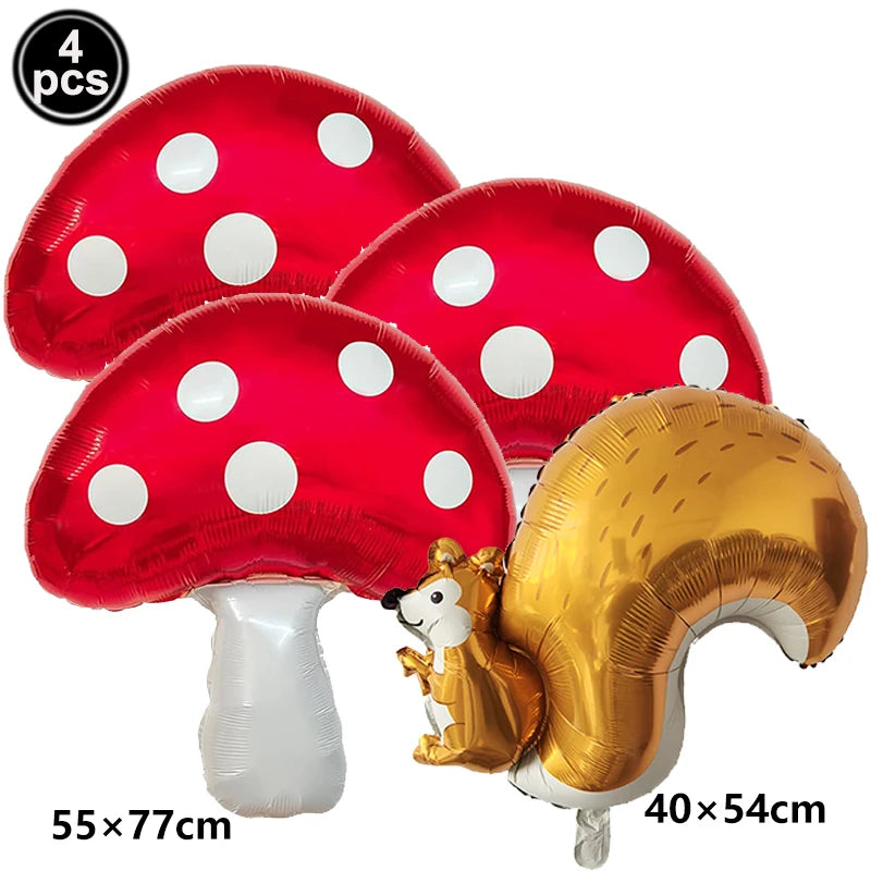 Four red and gold inflatable mushroom and tiger safari animal birthday decorations