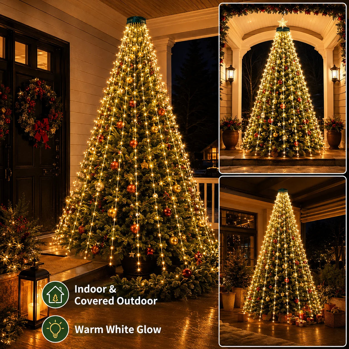 A large indoor and covered outdoor Christmas tree decorated with warm white glow lights.