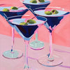 A painting of three glasses of blue cocktail with lime slices on a pink background.