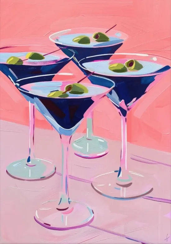 A painting of three glasses of blue cocktail with lime slices on a pink background.
