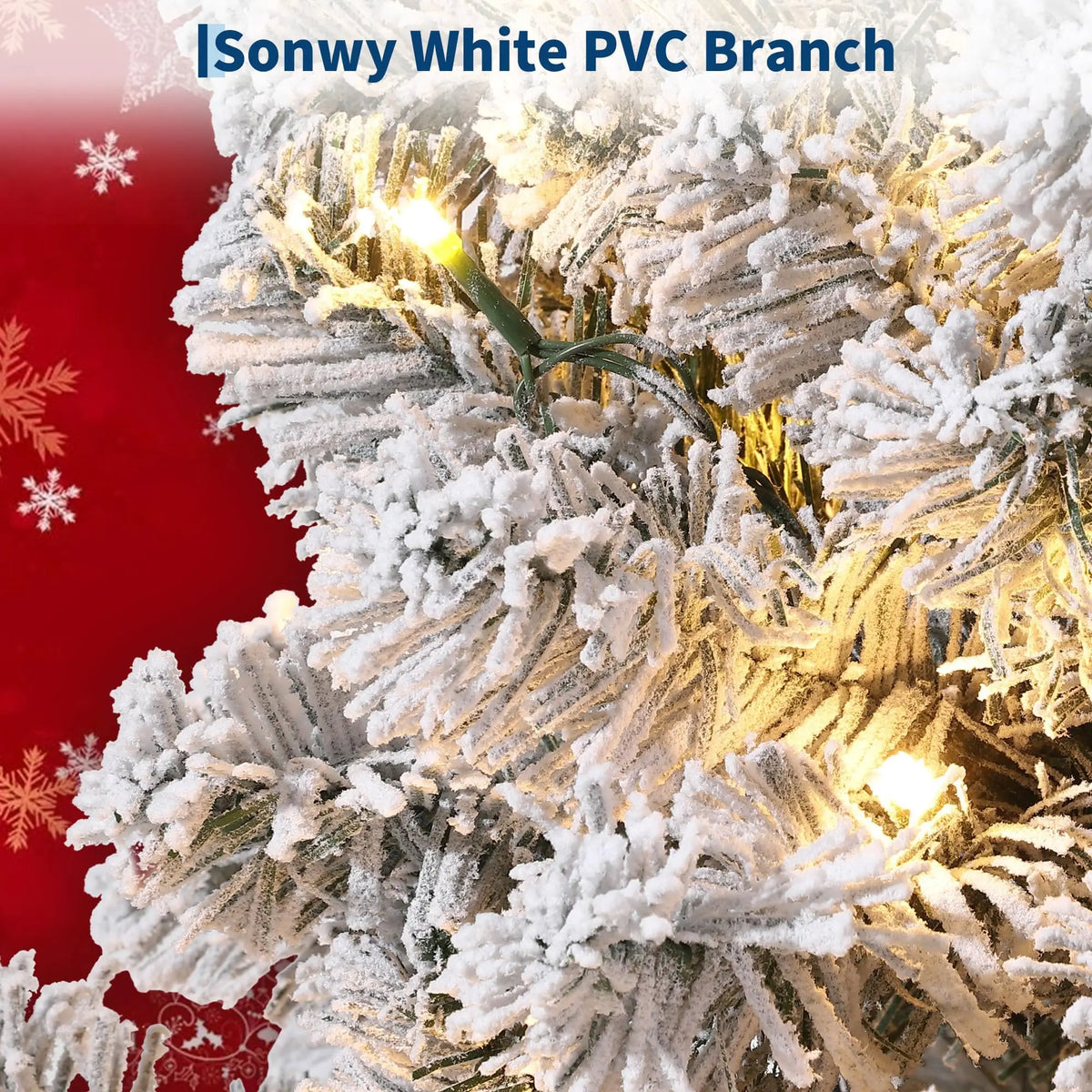 A close-up of a white PVC branch flocked with snow and illuminated by warm white LED lights.