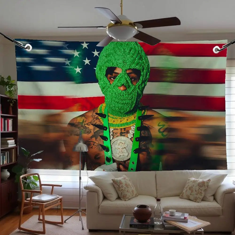 A large banner featuring a portrait of a person wearing a green mask against an American flag background.