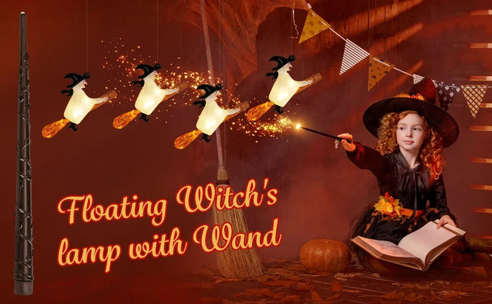 A witch with flowing hair and a hat holds a magic wand, surrounded by floating LED candles.