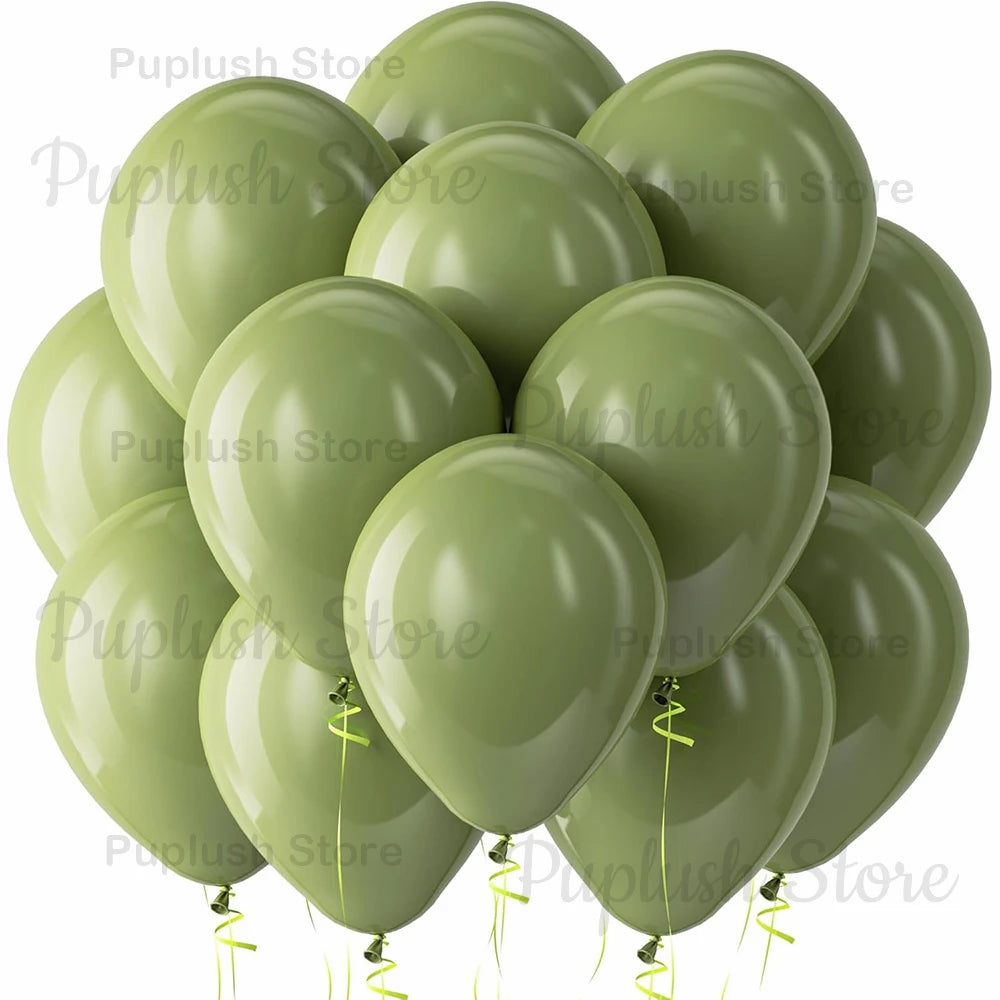 A bunch of sage green latex balloons clustered together.