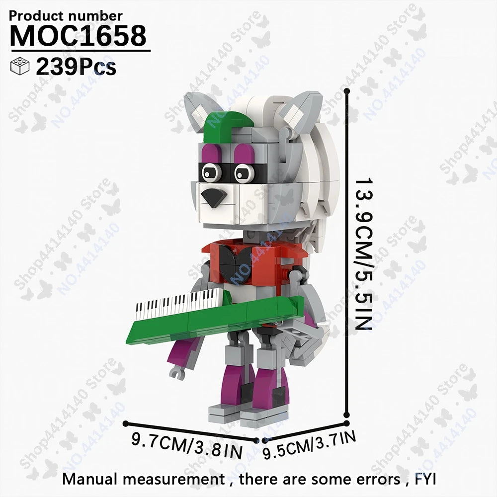 A gray and green building block model of a fox character with a piano attached.