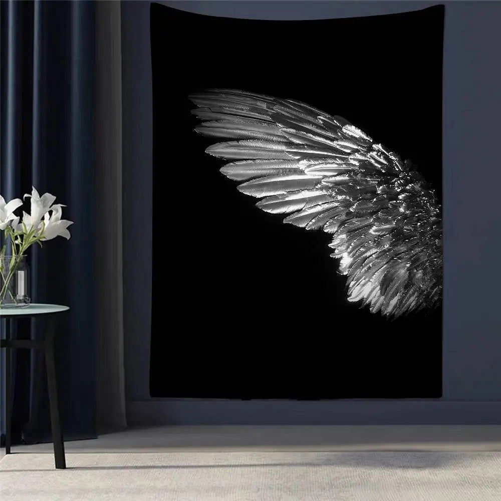 Black tapestry featuring a close-up, textured white angel wing against a dark background.